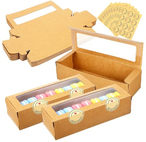 SOIMISS Boîtes à Macarons Kraft Marron avec Fenêtre Transparente, Légères et Faciles à Transporter, Pâtisserie DIY Boutiques, Lot de 50 Pièces avec Autocollants