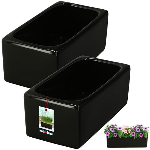 KOTARBAU® 2er Set Blumentopf rechteckig innen Keramik glasiert Schwarz 24 x 12,5 x 9 cm Bonsai-Topf Blumentopf länglich innen Kräutertöpfe Fensterbank Bonsai Schale Keramik Orchideenschale Sukkulenten