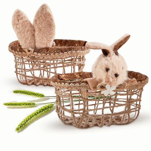 2 cestas de Pascua con asa, cesta de Pascua trenzada, nido de Pascua para rellenar, cestas, cestas de Pascua, manualidades infantiles, decoración de Pascua con orejas de conejo, nido de Pascua, cestas