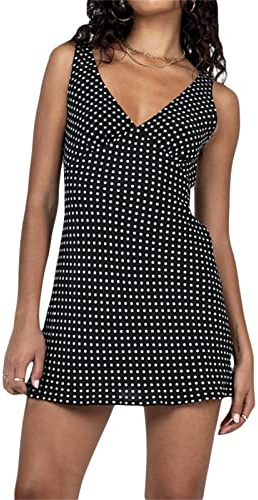 Kouoybt Mini robe courte sans manches avec col en V et imprimé à pois pour l'été, la plage, les clubs, les sorties, Point noir., L
