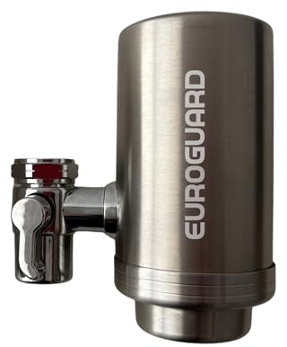 EuroGuard Filtre à Eau pour Robinet en Acier Inoxydable – Système de Filtration au Charbon Actif, Réduit Chlore, Mauvais Goût et Odeurs – Filtre Robinet Facile à Installer (1 Cartouche Incluse)