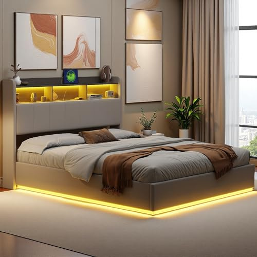 Polsterbett 160x200cm mit LED, Doppelbett mit USB und Typ-C, Funktionsbett Bettgestell mit Stauraum, Hydraulisch Stauraumbett mit Kopfteil & Lattenrost, Jugendbett, Flanell, Weiß (Weiß, 160x200)