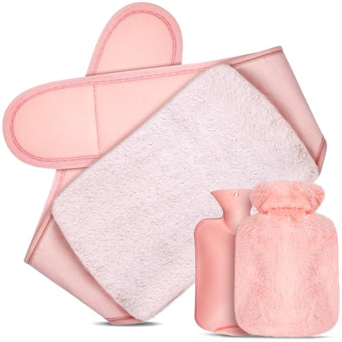 Gucass 3 en 1 Bouillotte Ceinture, Bouillottes Regles Douloureuses, 1L Bouteille Eau Chaude avec Housse Peluche et Ceinture, Bouillotte Ventre pour Chauffe Main Cou épaule Dos Taille(Rose)