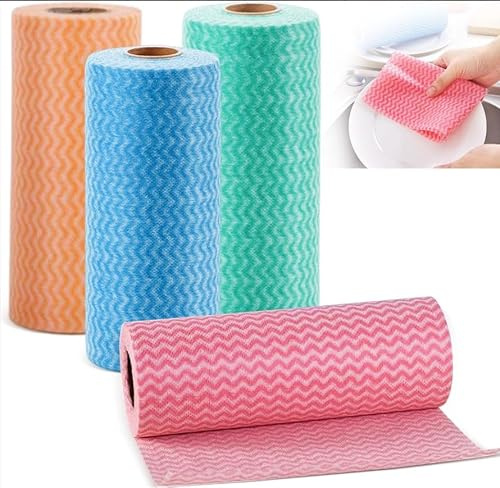 MQWDGJ All Purpose Cloths, 4 Rolls Cleaning Cloth Roll, 19.5 * 25cm Disposable Dish Cloth Roll Disposable & Reusable Soft and Quick-Drying 160 Sheets for Kitchen to Clean Surfaces Bathroom(Colour)