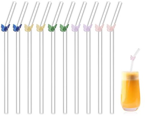 JYNVO 10 Stück Glas-Strohhalme, wiederverwendbare Glas-Strohhalme, bunte Schmetterling dekorative Trinkhalme, gebogene Glas-Strohhalme für Saft, Cocktails, Milchshakes, Kaffee, Milch