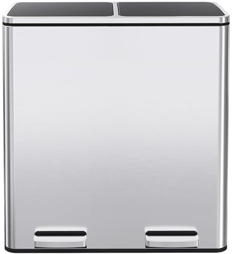 Clevich Kitchen Bin 60L, 2-Compartment Metal Trash Can with Soft-Close Lid, 2 Plastic Inner Buckets, 2 x 30 Litre Waste Separation System, Pedal Bin for Kitchen, Bathroom, Office