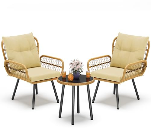 Blishom 3 teiliges Gartenmöbel Set, Bistro-Set aus handgewebten Rattan mit Glastischplatte, Balkonmöbel Set für 2 Personen für Rattan, Balkon, Terrasse, Garten, Beige