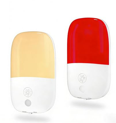 TobeBright 670nm Red Light Night Light for Sleep, Red Light for Bedroom with 2500K Amber & Dusk-to-Dawn Sensor, Dimmable Auto On/Off Plug-in Nightlight for Baby Nursery Bathroom, 2-Pack