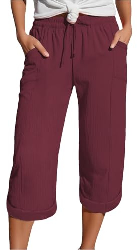 HOOUDO Shorts Women Elastic Waist Knee Length Bermuda Shorts Loose Casual Hot Pants Wide Leg Beach Trousers Shorts Wine