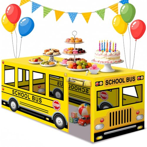 6ft School Bus Birthday Party Playhouse Tablecloth Large Bus Themed Table Fort Tent Cover Playhouse Back to School Table Cover Yellow Polyester Rectangular Tablecloth for First Day of Schools Decor