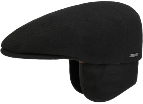 Stetson Kent Wool Flatcap Schiebermütze mit Ohrenklappen Made in EU Damen und Herren Herbst Winter schwarz L (58-59 cm)