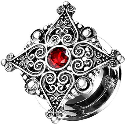 Piersando Ohr Plug Schraub Piercing Ear Flesh Tunnel Ohrpiercing Ohrplug Edelstahl Vintage Tribal Ethno Silber Herz mit rotem Stein 14mm