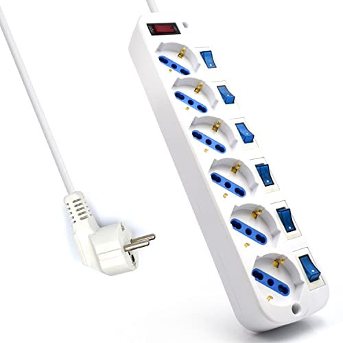 Multipresa a 6 Posti, Ciabatta Elettrica con 6 Prese Italiane e Schuko/Tedesche - Spina Schuko/Tedesca- Potenza 250V/2500W - Cavo da 3 Metri, Prese Angolate a 45°