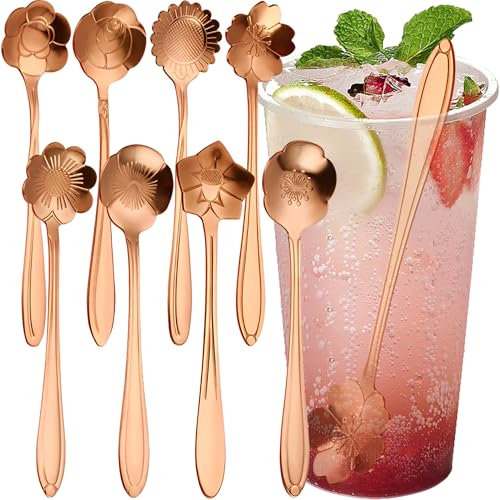 MINGZE Set mit 8 Kaffeelöffeln mit Blumenmuster, kreatives Blumen-Geschirr aus Edelstahl, Rührlöffel für Zucker, Eistee, Geschenk, Spoon Zubehör (Roségold) 2
