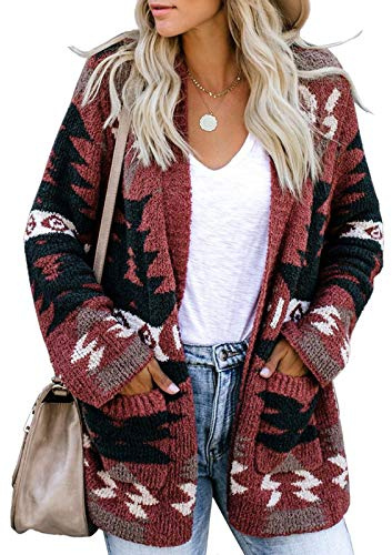 FERBIA Women Boho Cardigan Aztec Open Front Loose Slouchy Sweaters Tribal Long Sleeve Knitted Christmas Jacket Coat