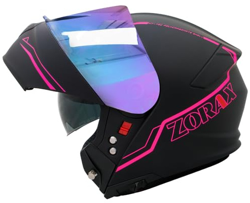 Zorax ZOR-838 Motorbike Flip up Helmet + Extra Iridium Visor | Matt Black/Pink M (57-58cm) Modular Front Motorcycle Helmet Motorbike Motorcycle ECE 2206 Approved