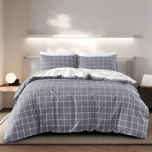 Ropa de cama de 135 x 200 cm, algodón, gris, moderna, diseño de plumas y cuadros, reversible, con cremallera para verano e invierno YF (C, 135 x 200 cm + 80 x 80 cm, 2 piezas)