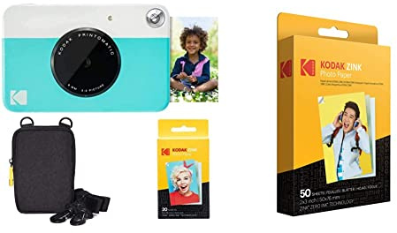 KODAK: Paquete básico de cámara instantánea Printomatic (Azul) + Papel Zink (20 Hojas) + Funda cómoda + Papel Fotográfico Zink Premium de 2X3 Pulgadas (50 Hojas)