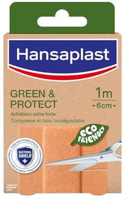 HANSAPLAST - 20 Pansements Green & Protect Pansements à Découper - Déperlants & En Tissu Durable- Conçus en Fibres D'Origines Naturelles - Hypoallergéniques - 10 bandes 10 x 6 cm