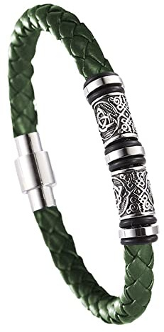 Herr Viking Beads Läderarmband - Nordic Stainless Steel Celtic Knot Beads Flätat Rep Armband - Handgjorda Vintage Pagan Bangle Smycken(Green,19CM)