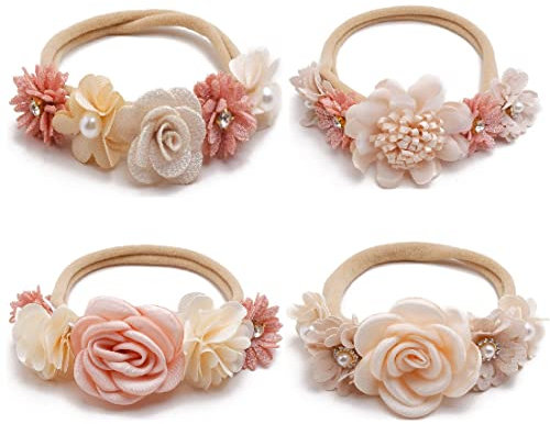 LICHUANUK 4 STÜCKE Baby Mädchen Blumenstirnbänder mit Fleckband Elastisches Nylon Haarband Neugeborenes Stirnband Baby Haarschmuck für Party Hochzeit Familienfoto