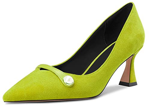 HDEUOLM Mujer Chunky Ancho Medio Heel Puntiaguada Punta Pumps Slip-on de Boda Dress 6.5 CM Heels Verde Lima Ante 35 EU