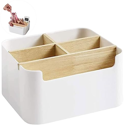 Schreibtisch Organizer, Stiftehalter Schreibtisch, Bambus Tischorganizer | Büro Organizer mit 5 Fächer, Holz Desktop Aufbewahrungsbox, Desk Organizer für Stifte, Kosmetika, Schreibwaren (Weiß)