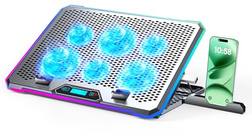 KYOLLY Aluminum Alloy RGB Gaming Laptop Cooler with 6 Fans and LCD Screen - 10 RGB Modes Memory Function, 4 USB Ports 3.0 and 2.0 Hub, 9 Height Adjustable for 10 to 21 Inch Laptops on Desk or Lap
