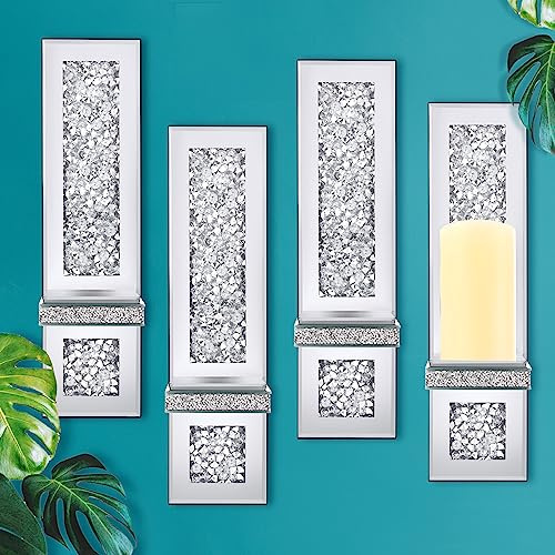 Hsei Set of 4 Crystal Crush Diamond Wall Candle Holder 17.3 x 6.3 Inch Silver Mirrored Candle Sconces Rectangle Candle Holder Wall Decor for Living Room, Dining Room, Bedroom, Home Decorations