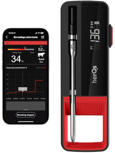 herQs Single Max Fleischthermometer Digital, Bluetooth BBQ Grillthermometer | Kabellos mit 1 Sonde, LED-Display & Wasserdicht, Für Grill, Ofen & Smoker
