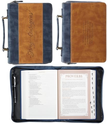 Christian Art Gifts Klassische Bibelhülle aus veganem Leder für Männer und Frauen: stark und mutig, geprägt, inspirierende Schrift, Stiftschlaufen, Lesezeichen, Taschen, Marineblau und Braun, groß