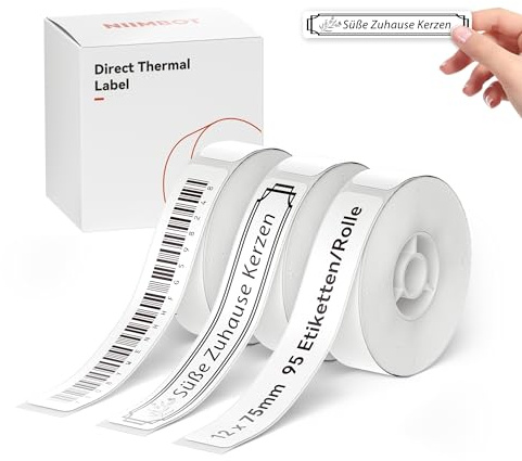 NIIMBOT Thermo Etiketten Selbstklebend, 12 x 75mm Etikettendrucker Thermopapier Kompatibel mit dem D110 D11 D101 H1S Etikettendrucker, 95 Etiketten/Rolle (3-Rollen-Pack, Weiß)