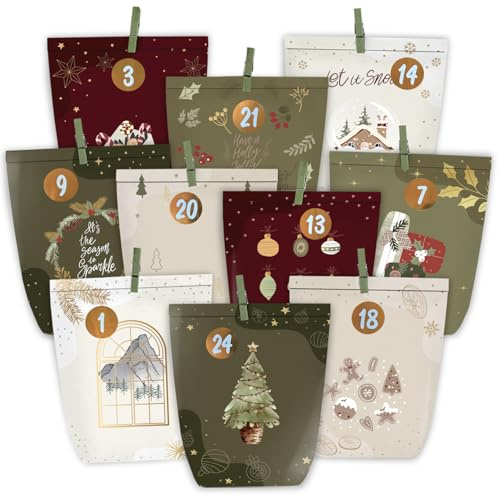KOHMUI Adventskalender zum Befüllen, 24 Weihnachtskalender Tüten zum Selber Basteln, Geschenk Papiertüten zum Selbstbefüllen, Advents Kalender mit Zahlen Aufkleber