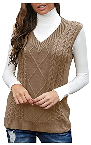 Strick Pullunder Damen, Lang Winter Baumwolle Damenpulli Pullunder V Ausschnitt Weich Vintage Strickpullunder Pullover Vest Pullover Ärmellos Warm Strickweste Sweater Vest