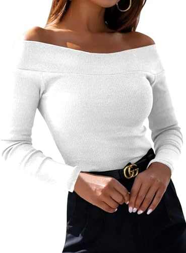 Fessceruna Damen Langarmshirt Sexy Schulterfreies Pullover Elegant Herbst Oberteile Casual Slim Fit(Weiß,XL)