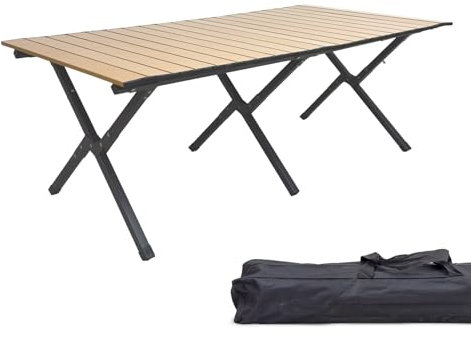 Grafner XXL Campingtisch in Holzoptik klappbar, 118 x 58 x 43 cm, niedrige Ausführung, kleines Packmaß mit Tasche, stabil und tragbar, bis 50 kg, Carbonstahl, Rolltisch Klapptisch Picknick Tisch Holz