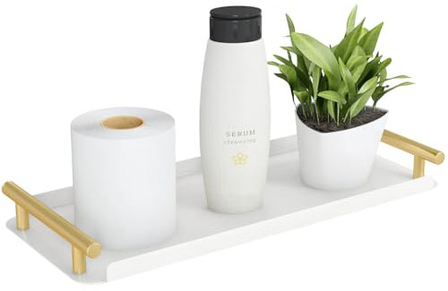 FEILERN Bandeja decorativa de metal rectangular con asa, pequeña bandeja decorativa blanca y dorada, bandeja antideslizante para papel higiénico, dispensador de jabón, cosméticos, cocina y baño, 35,5