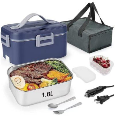 Carziyer Gamelle Chauffante 1.8L 75W, Boite Chauffante Repas 12V/24V/220V, 3 En 1 Lunch Box Chauffante éLectrique, Avec Sac Et Fourchette CuillèRe, Pour Voiture, Camion, Bureau, Camping (gris/bleu)