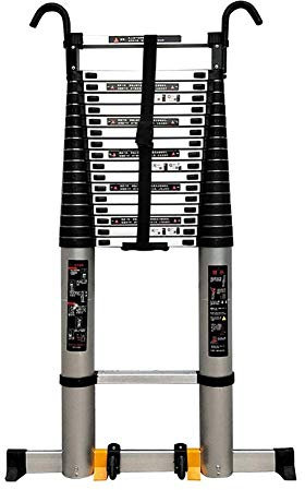 Scala telescopica in alluminio da 8 m, con gancio fisso e barra stabilizzatrice, portatile, pieghevole