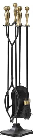 DYUNCZ Kaminbesteck, 5-teiliges Kaminbesteck Modern, Kaminbesteck Schwarz mit Ständer, Messinggriffe, Schmiedeeisernes Kaminzubehör-Set mit Schürhaken, Zange, Schaufel, Bürste