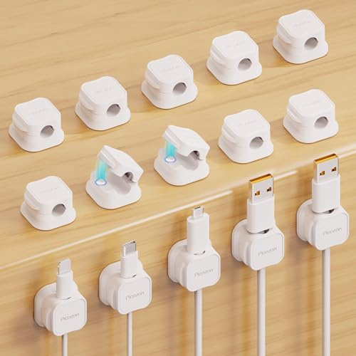 Picozon Organisateur de Clips Magnétiques pour Câbles, Gestion de Câbles Adhésifs, Organisateur de Câbles USB pour Téléphone pour la Maison, Bureau, Table de Chevet et Voiture, Blanc, Paquet de 15