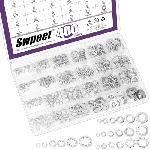 Swpeet Assortiment de 400 rondelles de verrouillage en acier inoxydable 4 styles M3 M4 M5 M6 M8 M10 - Rondelles à dents externes, verrouillage dentelé, verrouillage fendu, rondelle plate pour boulons
