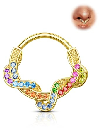 Agrewd Verdrehtes Septum-Piercing vergoldet 16 G - Buntes Piercing-Schmuckstück für Helix, Daith - 8 mm/10 mm - Ohrringe für Frauen, 16G, Zirkonia