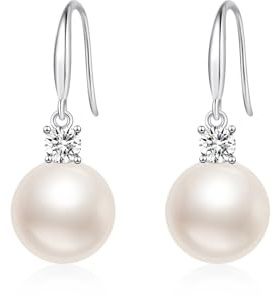 YAXUN Pendientes de perlas para mujer de plata de ley 925 - Pendientes colgantes de perlas blancas de 12 mm con diamantes de cristal austriaco en circonita cúbica 5A
