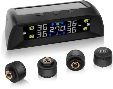 Avutrel TPMS Reifendruckkontrollsystem mit Solar/USB, Fahrzeug & Temperaturalarm, Auto EIN/Aus für Wohnmobile, SUV, Limousinen, MPV, 4 Externe Sensoren (0-72 psi)