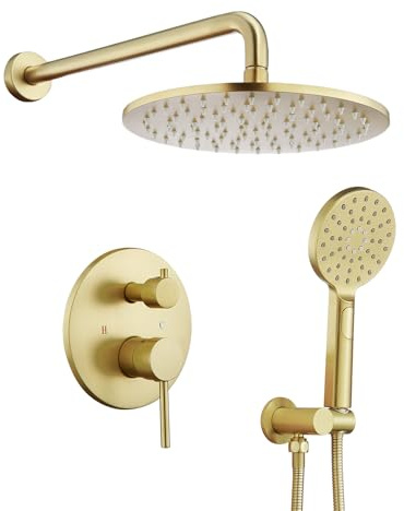 Tohlar Gold Duscharmatur-System, Hochdruck, 25,4 cm, Regenduschkopf und 3-stufige Handbrause Combo, Wandmontierter Duschkopf und Griff-Set, Ventilkörper und Verkleidung im Lieferumfang enthalten