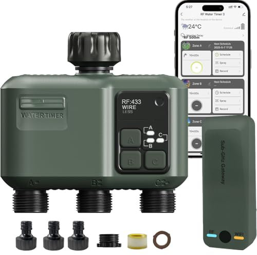 Centralina Irrigazione WiFi 3 uscite, tecnologia RF 433 da 500M Computer Giardino Timer Irrigazione,Timer Acqua Giardino Programmabile con Ritardo Pioggia, Modalità di Irrigazione Automatica e Manuale