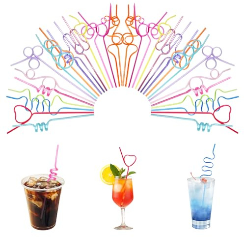 Pailles Plastique Jetables Colorées Créatives 34 Pièces 17 Styles Différents Réutilisables 23-26 cm Multicolores, réutilisables, pour fêtes, Bars, Mariages, Anniversaires, café