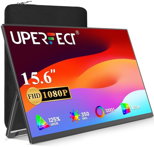 UPERFECT Portable Monitor 15.6 Inch 125%sRGB 1200:1 IPS Laptop Monitor, FHD 1080P Ultra-Slim Travel Small Monitor, USB C Second Screen, Gaming Monitor Mini HDMI Type-C for Laptop/PC, VESA & Kickstand