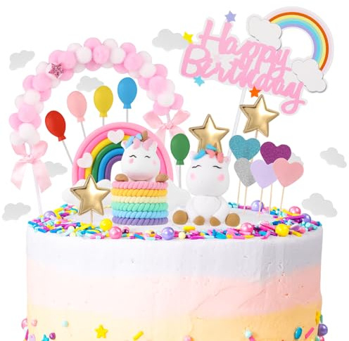 taonganui 43 Stück Einhorn Tortendeko Geburtstag,Tortendeko Einhorn Mädchen,Einhorn Kuchen Topper Set,Macaron Kuchen Deko Einhorn Happy-Birthday Wolke Sterne für Kinder Mädchen